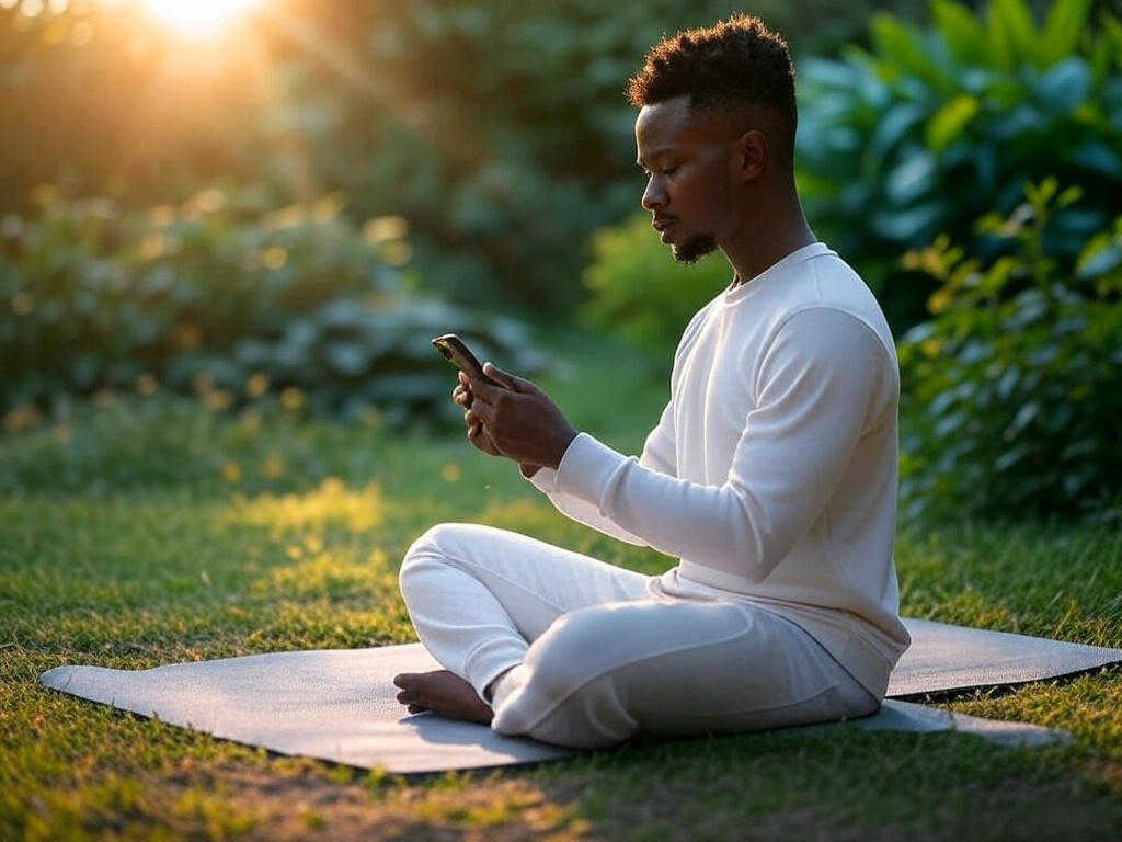 A man uses Wisdom Timer for guided meditation as he sits on a mat in the garden
